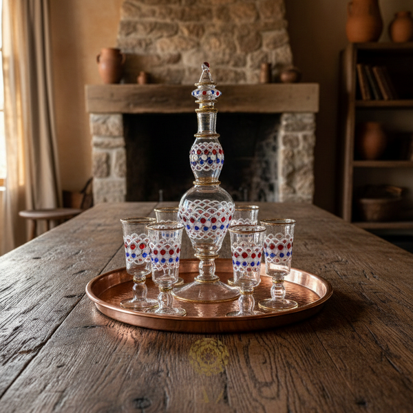Decorative glass set with a large bottle and small glasses on a wooden tray in a rustic room.