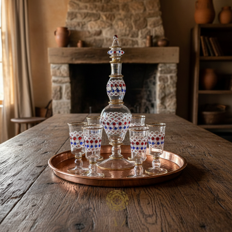 Decorative glass set with a large bottle and small glasses on a wooden tray in a rustic room.