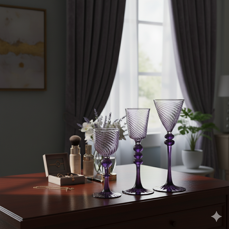 Egyptian Handblown Pastel Purple Goblet Swirl Glass (Set of 3)