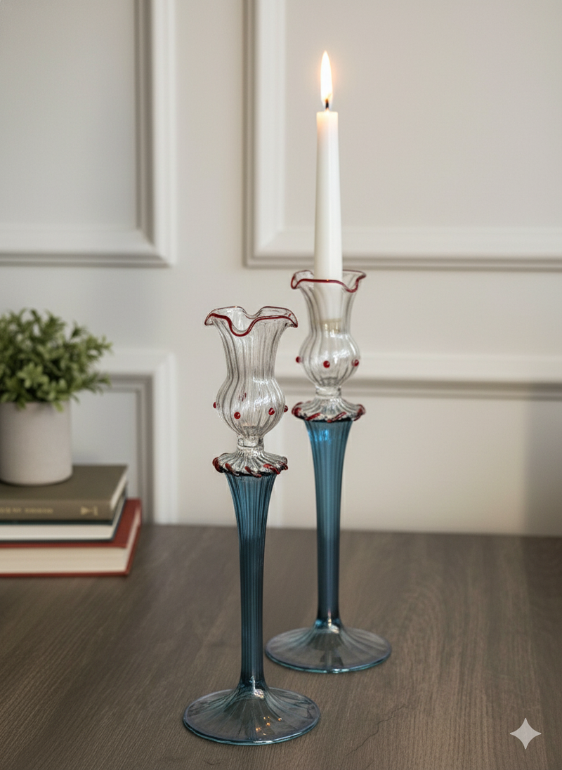 Handblown Vintage Lanky Swirl Glass Holders - Set of 2