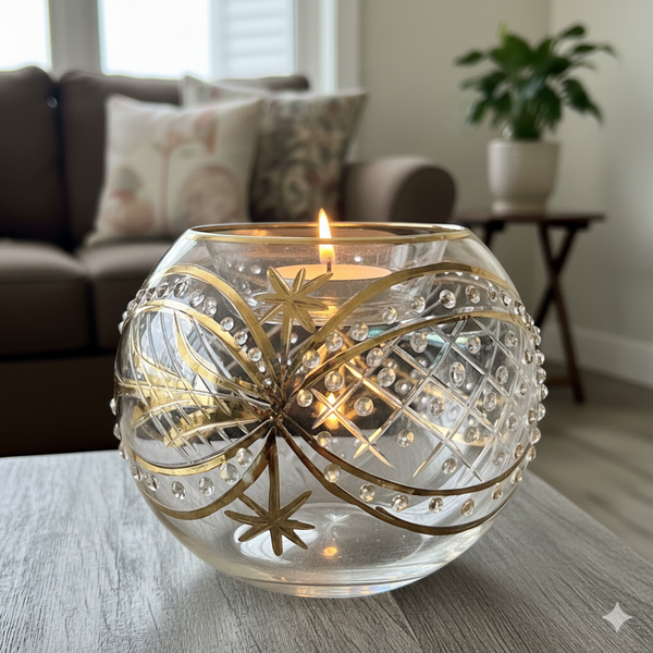 Decorative glass candle holder with a lit candle on a table in a living room.