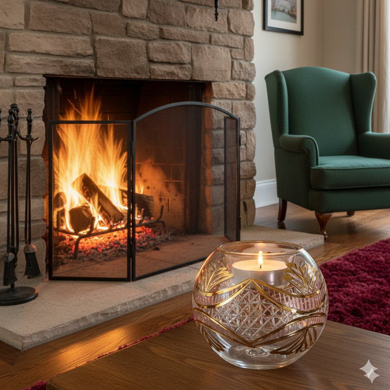 Cozy living room with stone fireplace, green armchair, and decorative candle.