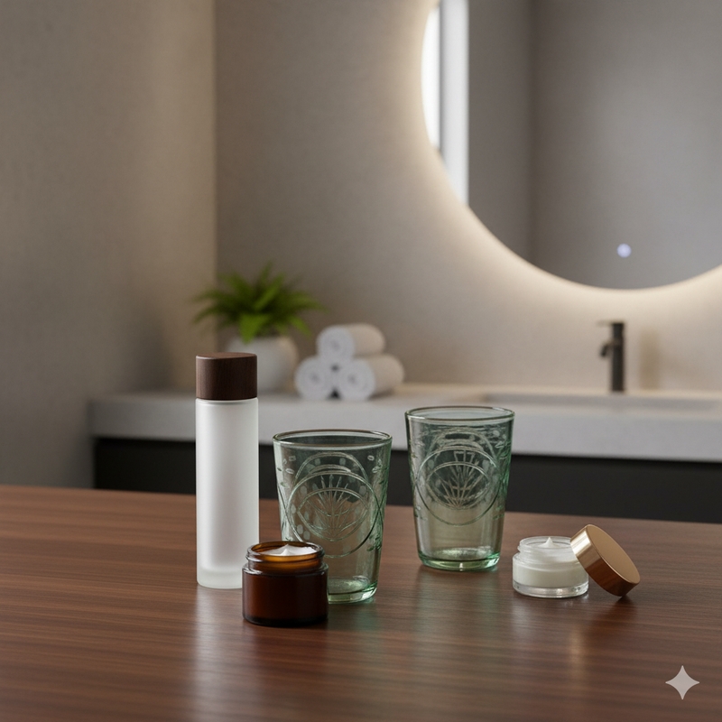 Egyptian Handblown Vintage Green Etched Tumbler  (Set of 3)