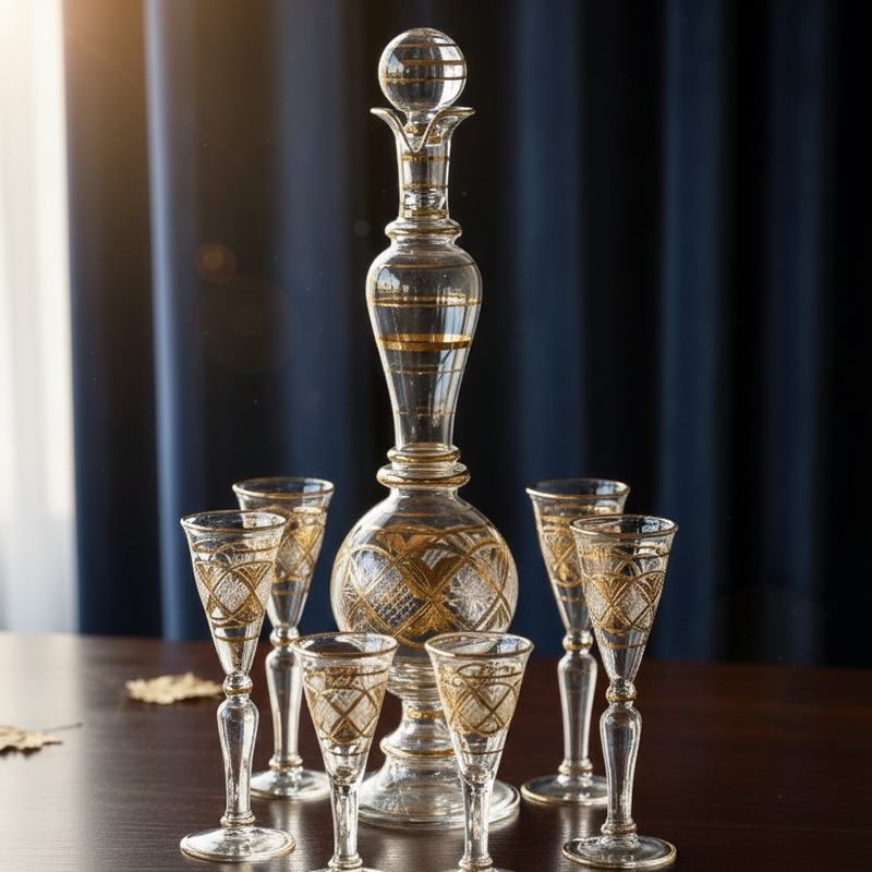 Decorative glass decanter and glasses on a wooden surface with a dark curtain background.