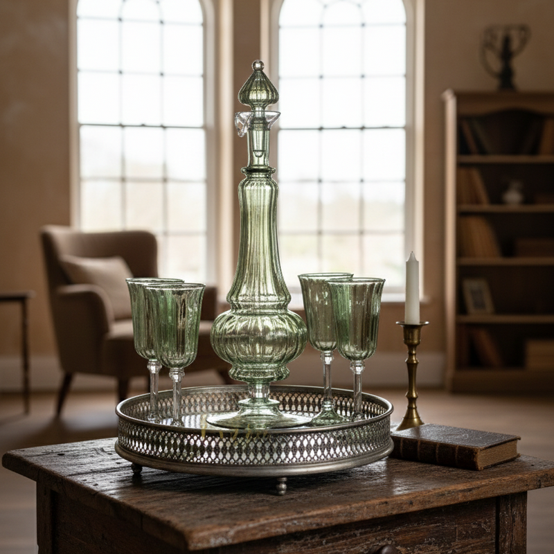Green glass decanter and goblets on a silver tray with stained glass windows in the background.