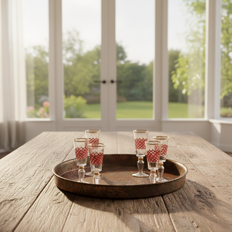 Set of six small glasses with red patterns on a wooden tray in a bright room with large windows.