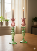 Handblown Swirl Glass Candle Holders - Set of 2 Red/Green