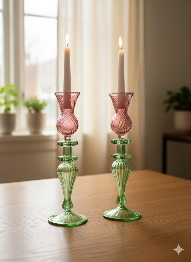 Handblown Swirl Glass Candle Holders - Set of 2 Red/Green