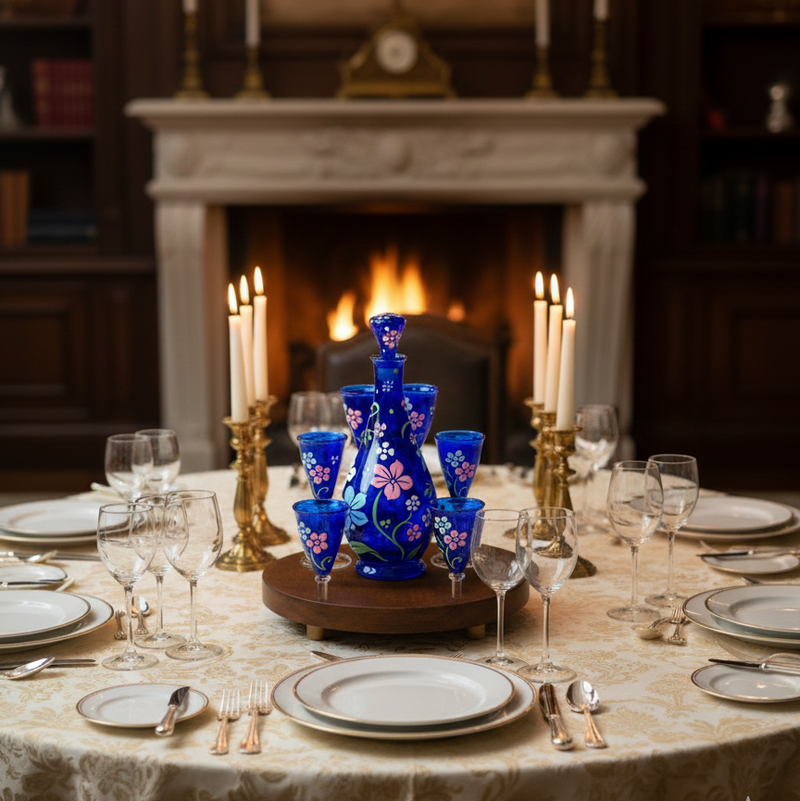 Elegant dining table setting with blue floral glasses in a room with a fireplace and chandelier.