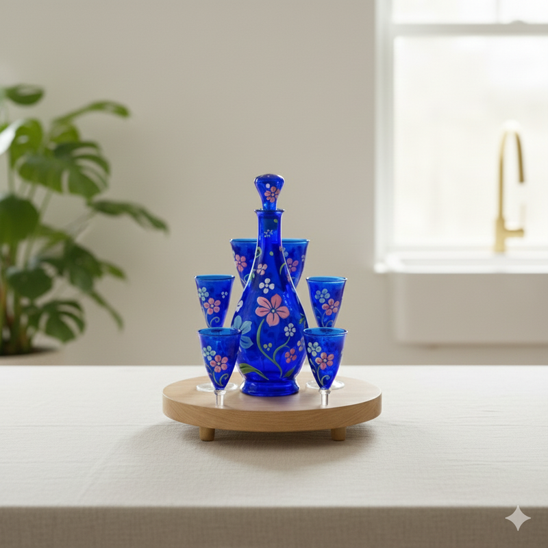 One of Kind Egyptian Handcrafted Flora Drinking Set/W Hand Art (7 PCS)