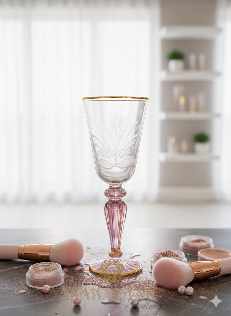 Egyptian Handblown Dark Rose Embossed Etched Goblet 14K Gold lining (Set of 2)