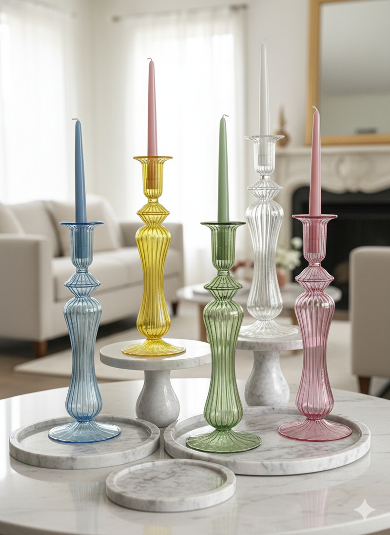 Handblown Sphere w/ Curved Shape  Swirl Glass Candle Stick