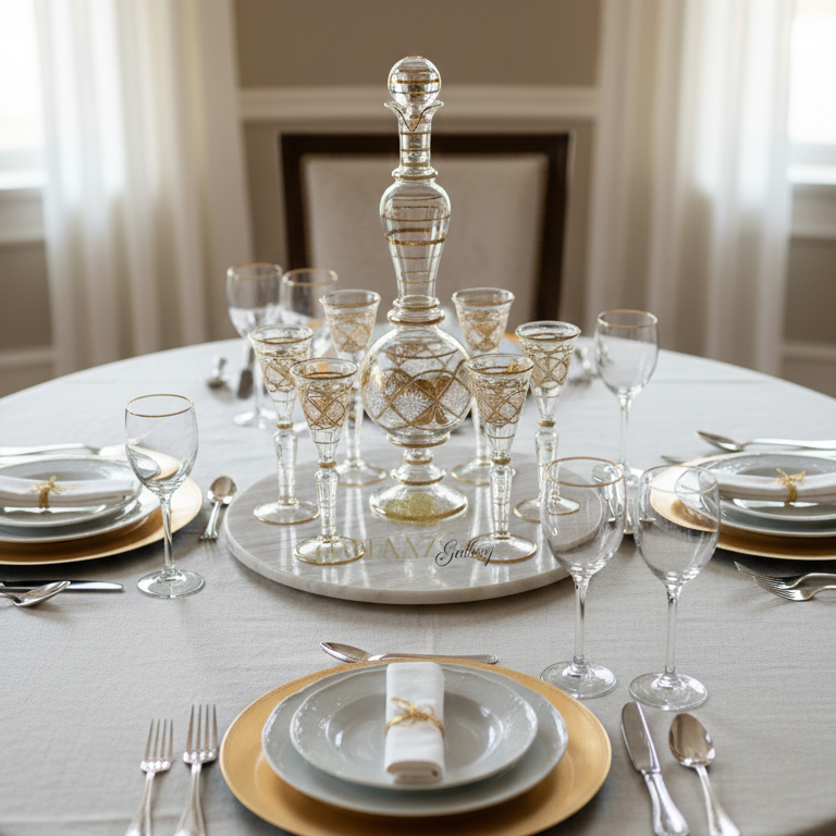 Elegant table setting with glassware and cutlery on a round table.