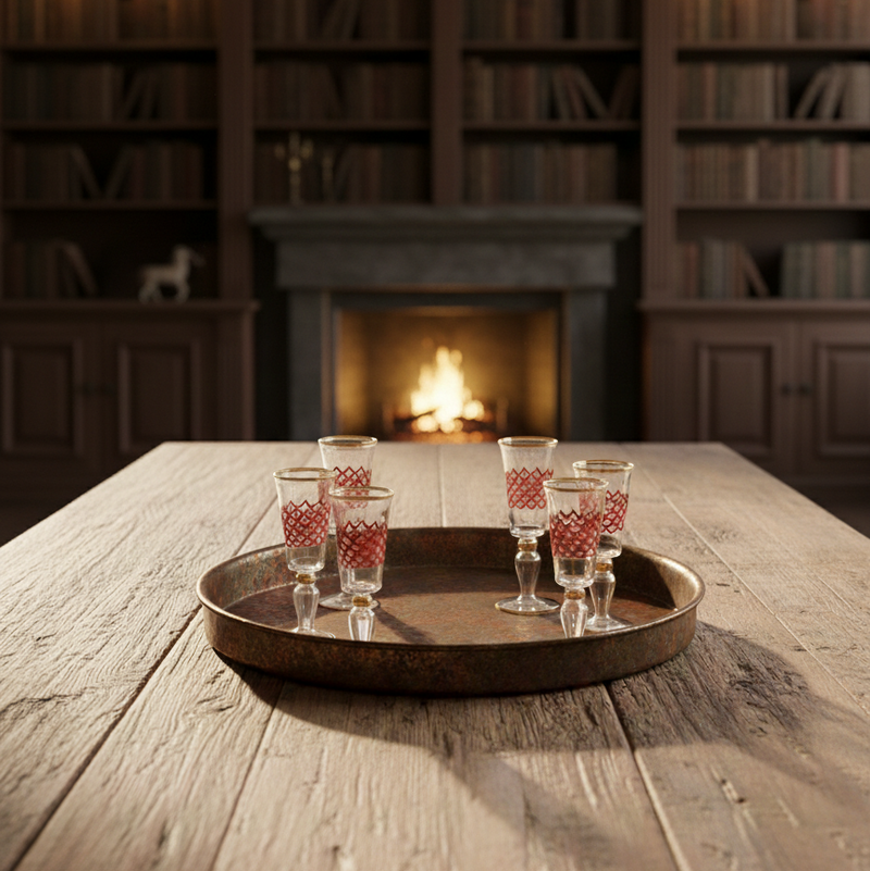 Tray with glasses on a wooden table in front of a fireplace and bookshelves