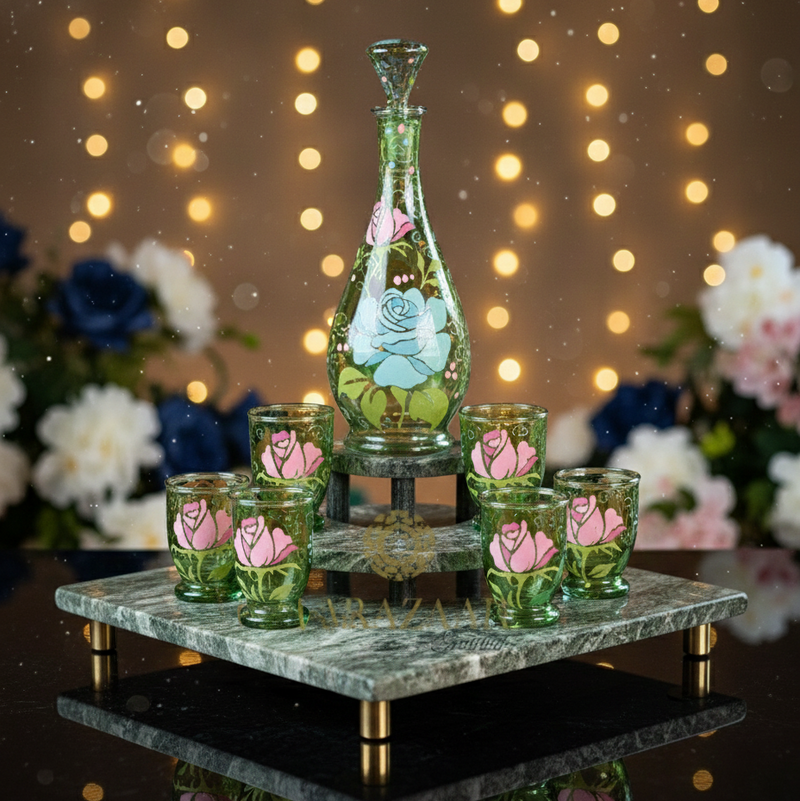 Decorative glass set with a decanter and glasses on a marble stand against a string light background.