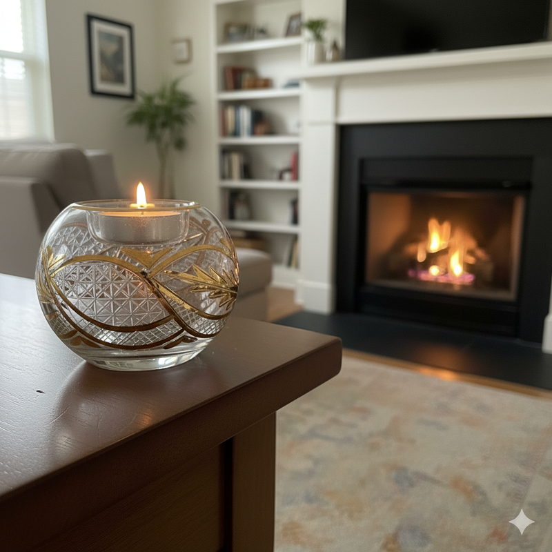 Egyptian Hand Blown Glass Tea Light Holder - Clear & Green Etched Glass
