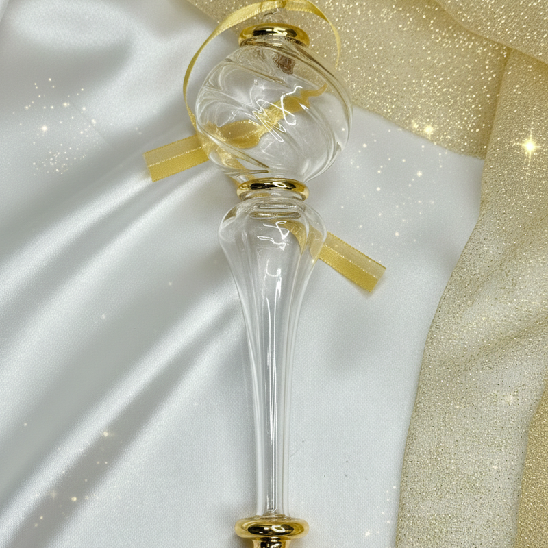 Decorative glass bottle with gold cap and ribbon on a white and gold fabric background