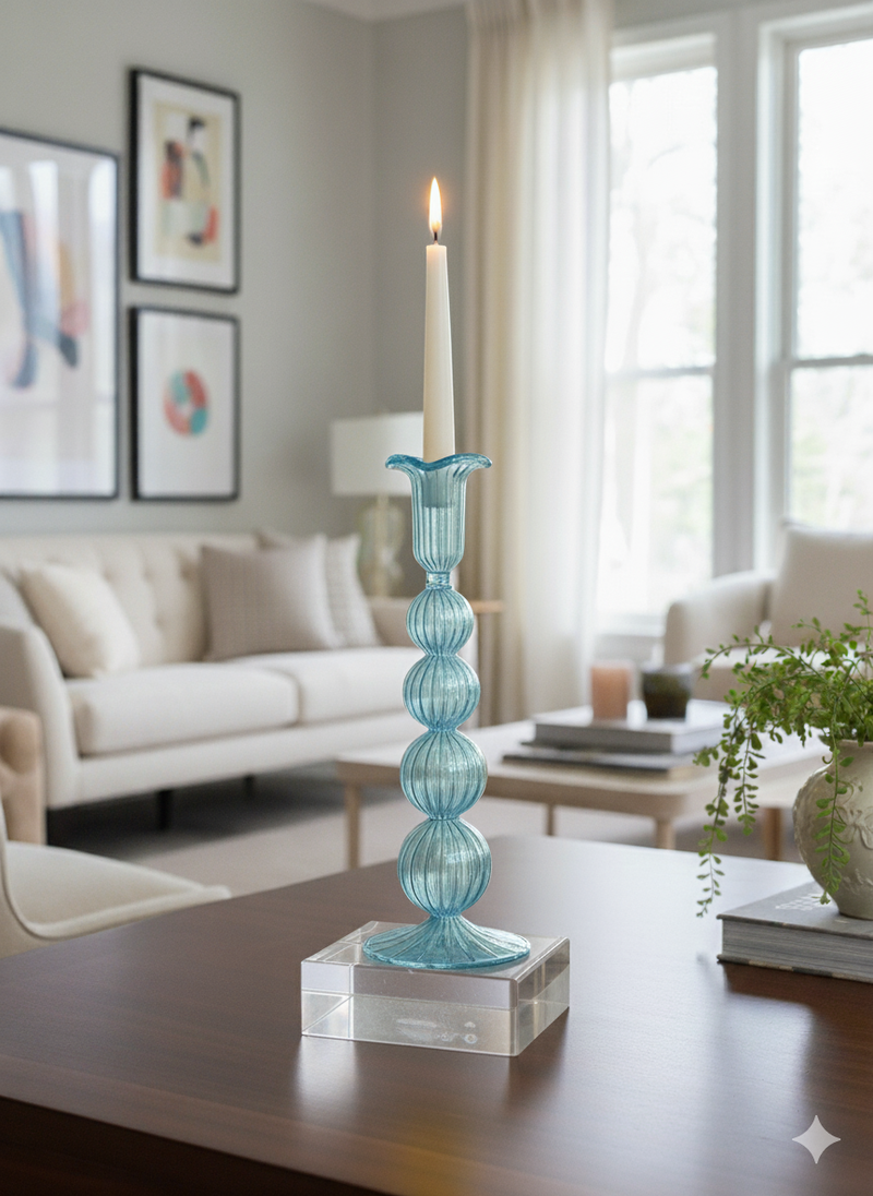 Hand Blown Swirl Glass Candle Holder: Colorful Puffed Design