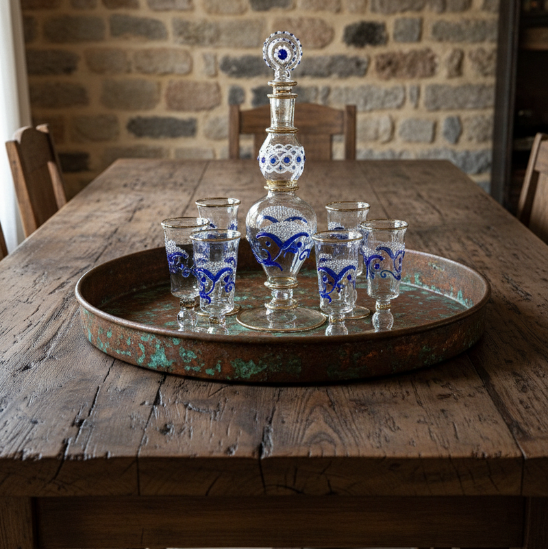 Set of blue and white glassware on a metal tray with a stone wall background