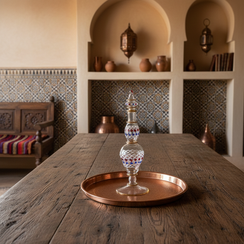 Decorative glass item on a copper tray on a wooden table with a rustic interior background.