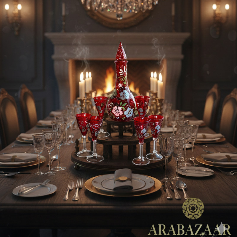Decorative table setting with red glassware and a central vase in a dimly lit room with a chandelier.