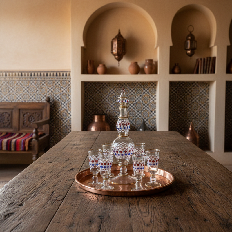 Decorative setup on a wooden table with glasses and a decanter in a room with arched niches and patterned tiles.