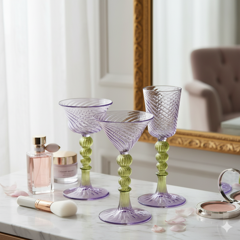 The Royal light Purple & Olive Goblet Swirl Glass (Set of 3)