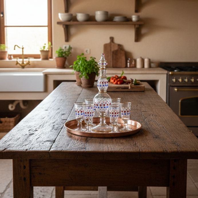 Kitchen with wooden table, rustic decor, and natural light