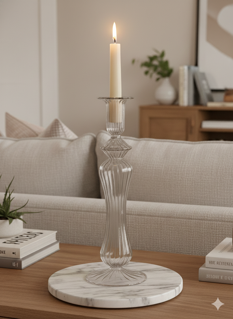 Handblown Sphere w/ Curved Shape  Swirl Glass Candle Stick