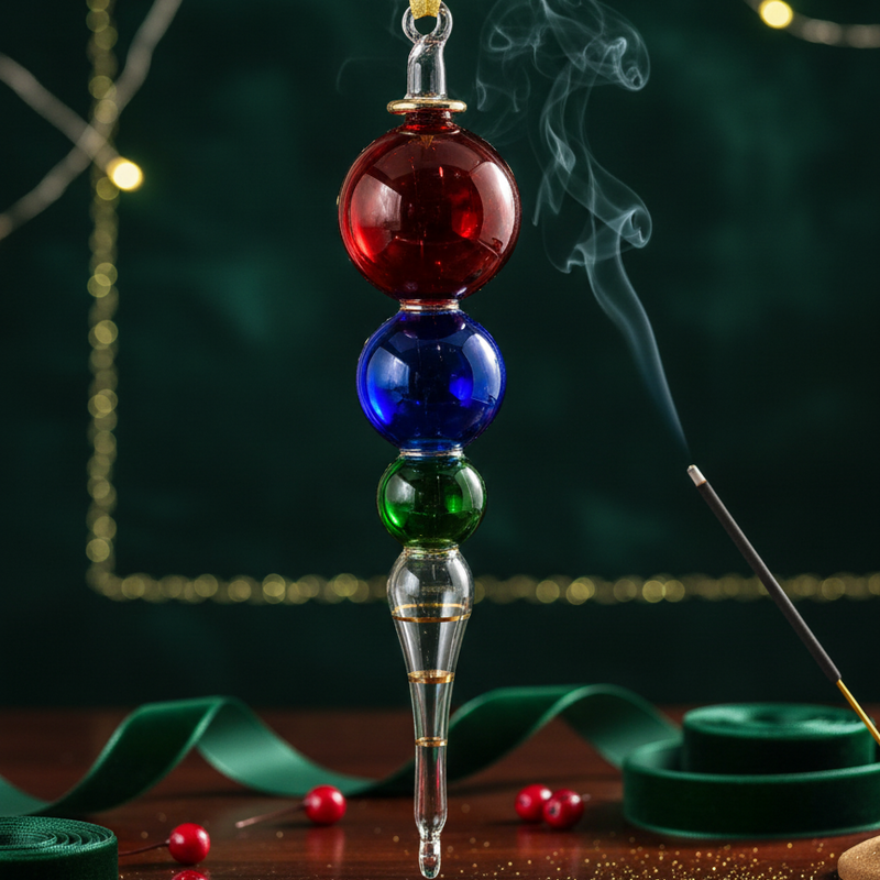 Decorative smoking device with red, blue, and green glass beads on a dark background.