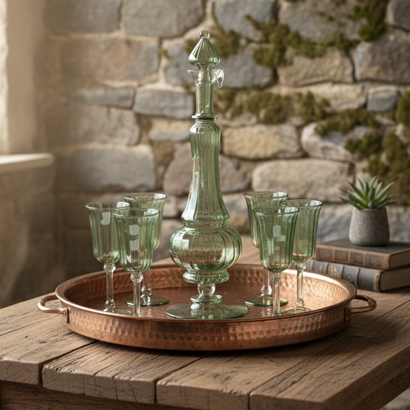 Decorative glass set on a copper tray with a stone wall background