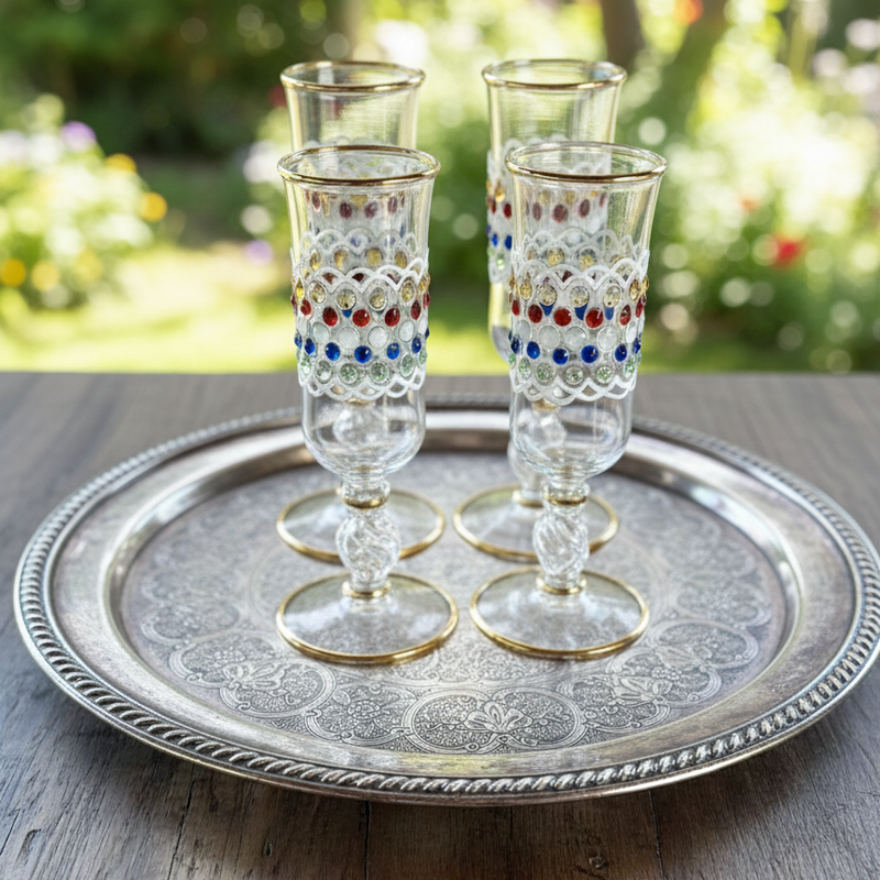 Set of four decorative glasses on a silver tray with a blurred garden background