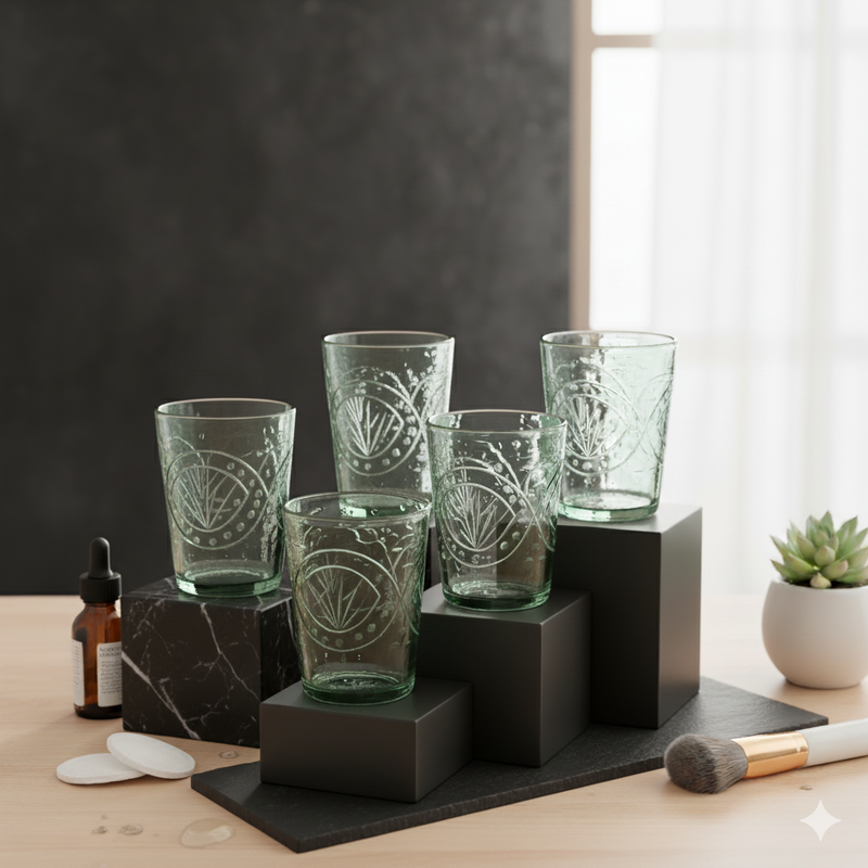 Egyptian Handblown Vintage Green Etched Tumbler  (Set of 3)