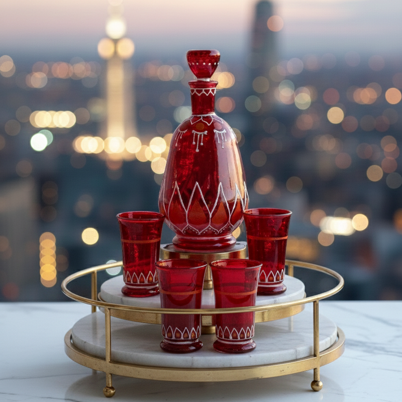 Red decorative bottle and cups on a marble tray with cityscape background