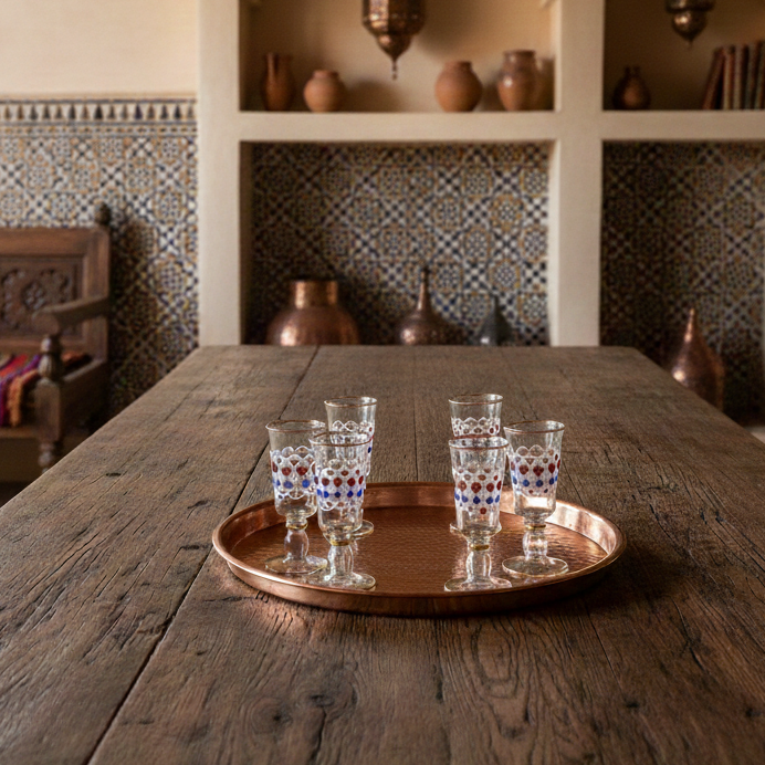 Wooden table with a tray of glasses in a rustic interior setting.