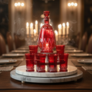 Red glass decanter and shot glasses on a marble stand with candles in the background
