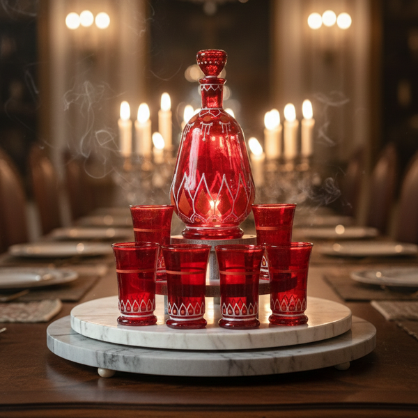 Red glass decanter and shot glasses on a marble stand with candles in the background