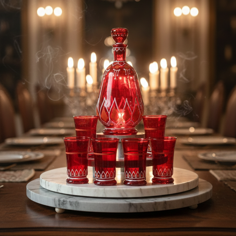 Red glass decanter and shot glasses on a marble stand with candles in the background
