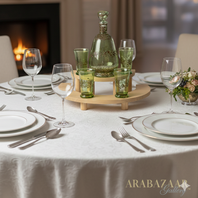 Dining table setting with green glassware and a bottle, Arabazaar logo visible.