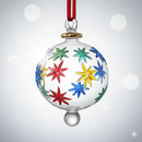 Decorative glass ball ornament with colorful star designs on a white background
