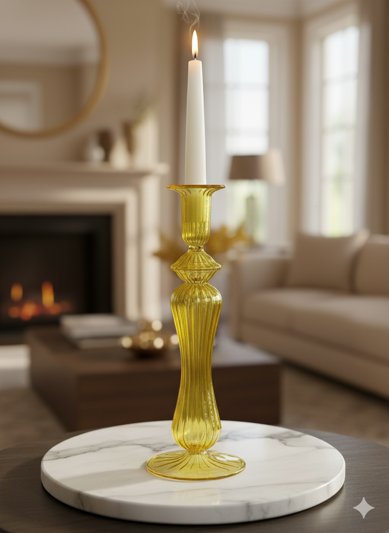 Handblown Sphere w/ Curved Shape  Swirl Glass Candle Stick
