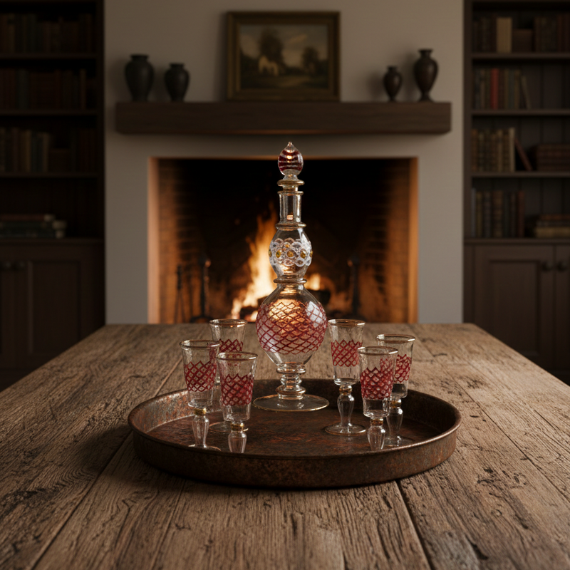 Decorative decanter and glasses on a wooden table with a fireplace in the background