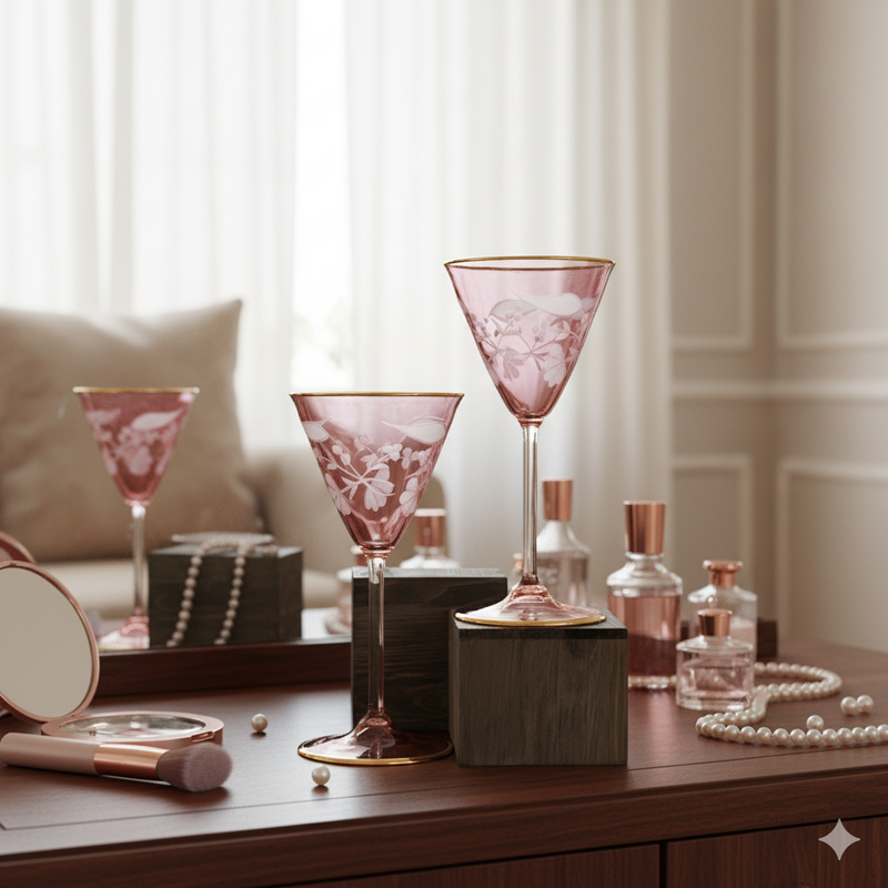 Egyptian Handblown Vintage Pink Etched Goblet with 14K Gold lining (Set of 2)