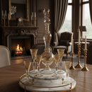 Decorative glassware on a marble tray with a chandelier and fireplace in the background