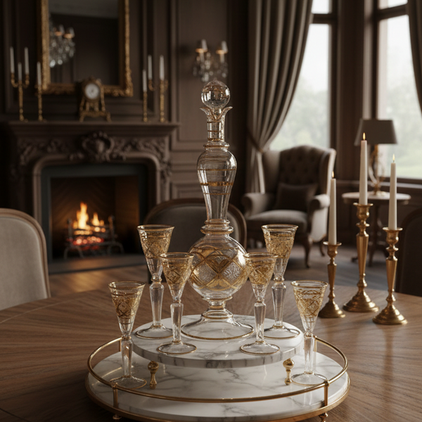 Decorative glassware on a marble tray with a chandelier and fireplace in the background