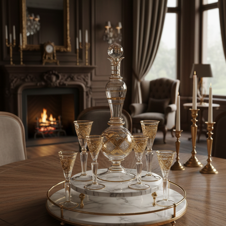 Decorative glassware on a marble tray with a chandelier and fireplace in the background