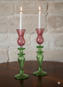 Handblown Swirl Glass Candle Holders - Set of 2 Red/Green