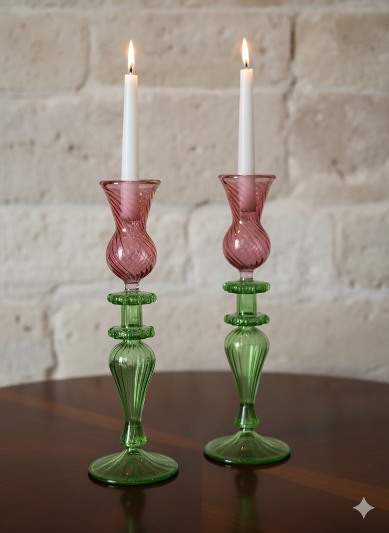 Handblown Swirl Glass Candle Holders - Set of 2 Red/Green