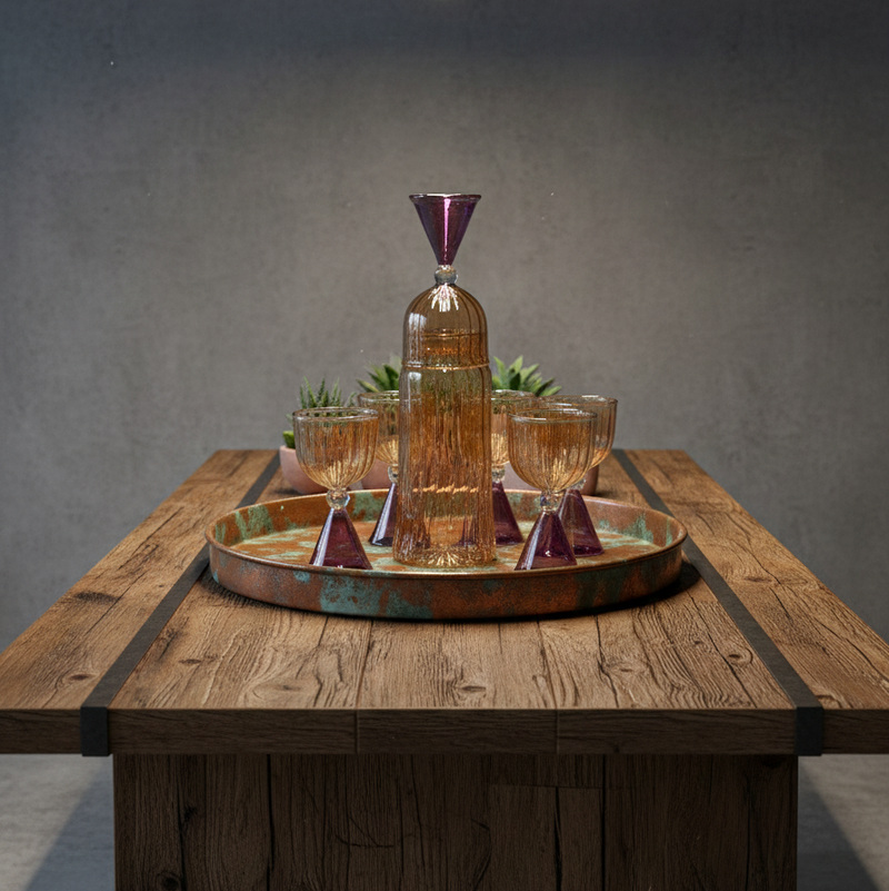 Decorative glassware set on a wooden tray with a gray background
