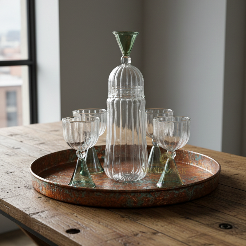 Clear glass decanter and goblets on a wooden tray with a neutral background